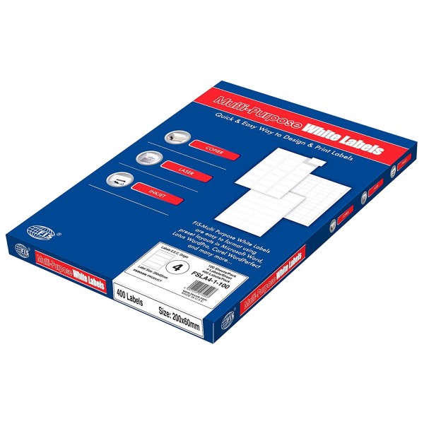 FIS Multipurpose White Labels A4 200 x 60mm - FSLA4-1-100 (pkt/100s)