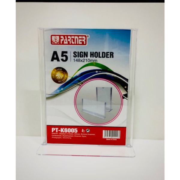 Partner PT-K6005 Acrylic Sign Holder T-Shape A5 148 x 210mm - Clear (pc)