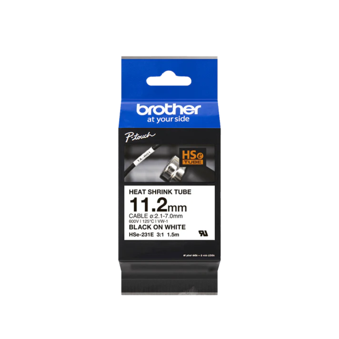 Brother HSe-231E Heat Shrink Tube Tape Cassette – Black on White, 11.2mm x 1.5m
