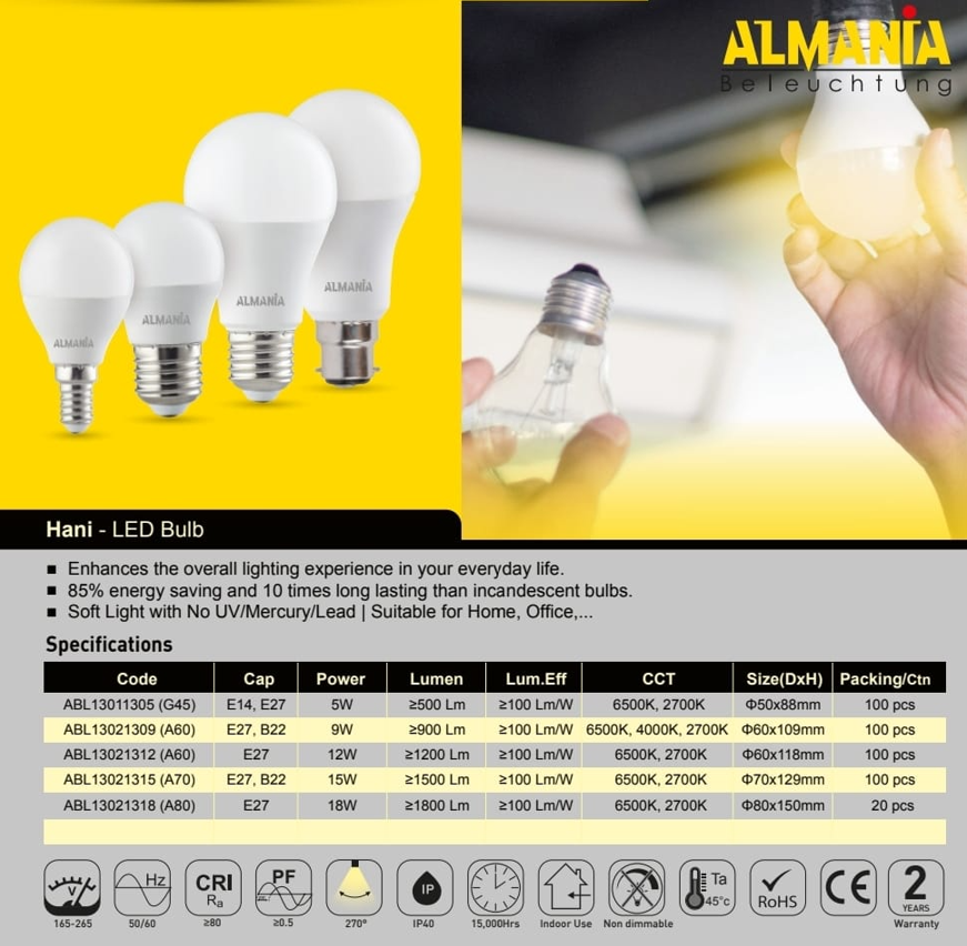 ALMANIA LED Bulb 9W >900lumen 60x109mm E27 B22 (pc)